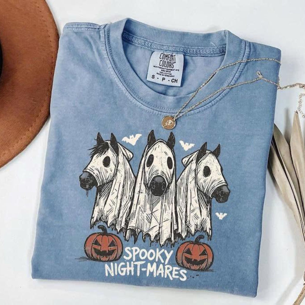 Pasimax Comfort Colors Halloween Spooky Night-Mares Horse Shirt — detail close-up