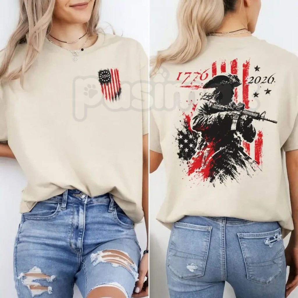 250th Anniversary Distressed American Flag 2-Sided T-Shirt – Retro 1776-2026 Revolutionary Soldier Patriotic Graphic Tee