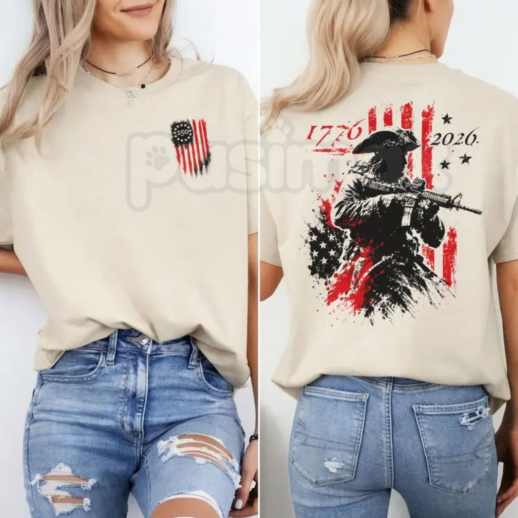 250th Anniversary Distressed American Flag 2-Sided T-Shirt – Retro 1776-2026 Revolutionary Soldier Patriotic Graphic Tee
