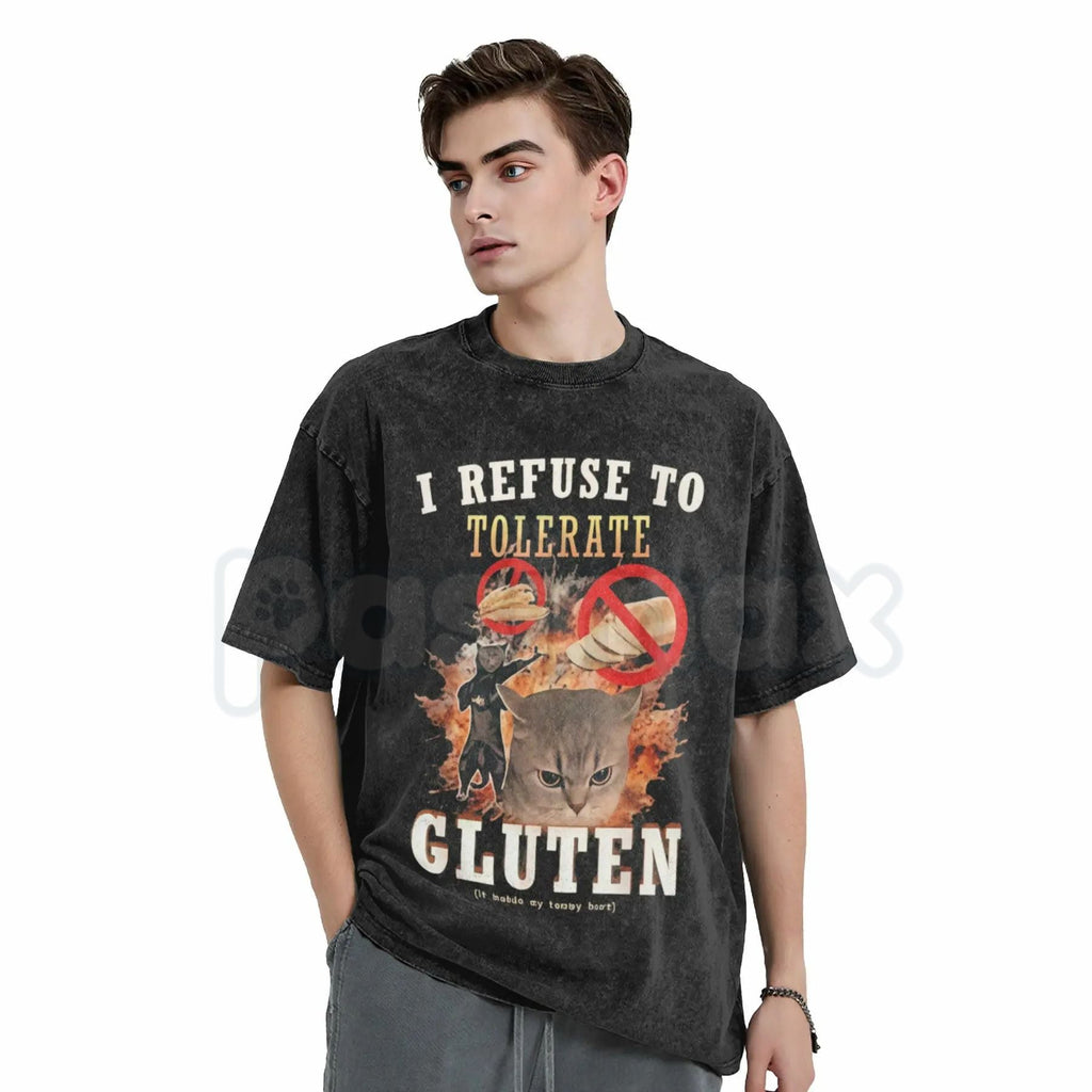 Pasimax I Refuse To Tolerate Gluten Washed T-Shirt – Funny Sarcastic Quote Tee, Vintage Gluten-Free Graphic Shirt — detail cl