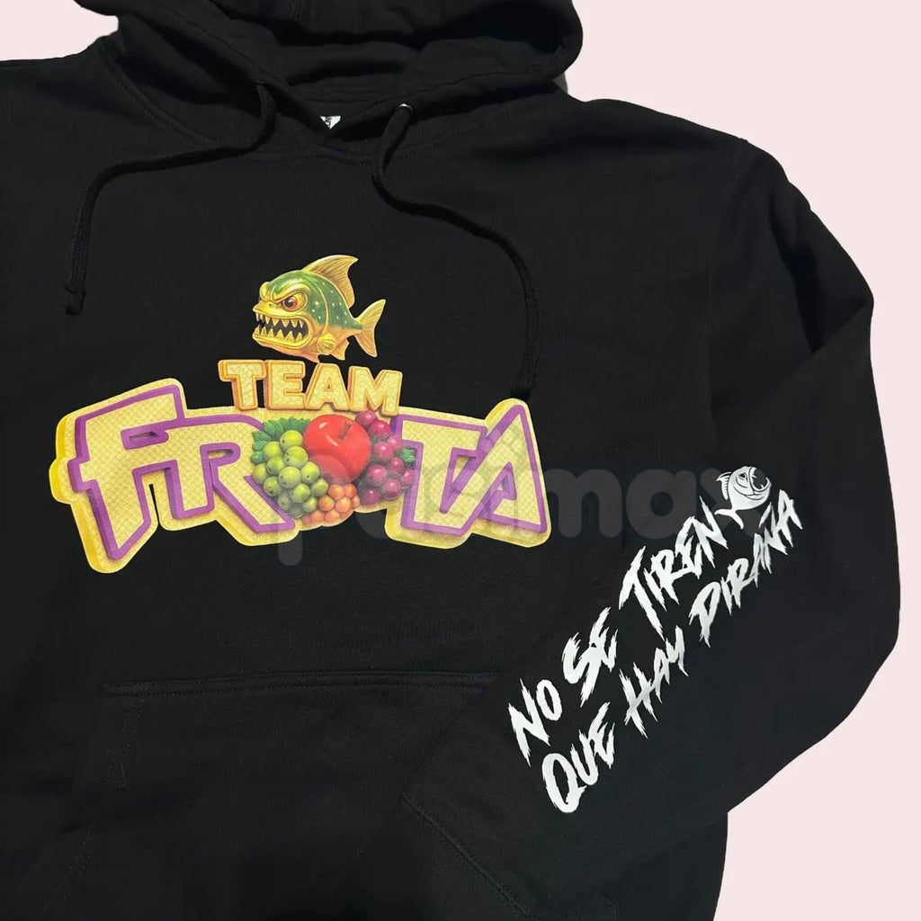 Pasimax Team Fruta Hoodie – Black, Fruit Logo & Slogan "No Se Tienen Que Hay Piraña" Pullover, Medium Fit Casual Wear, Unisex
