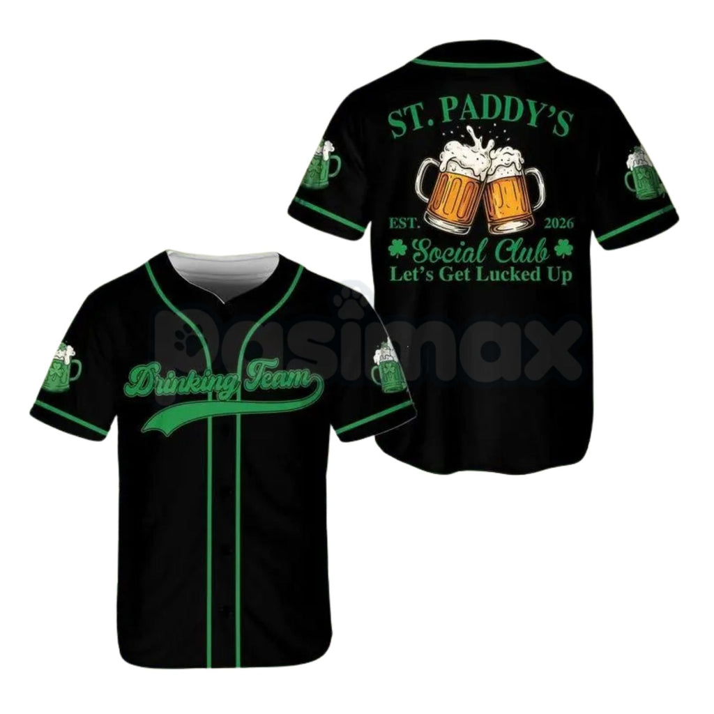 Pasimax St Paddy’s Day Irish Beer Social Club Baseball Jersey – Lucky Shamrock Drinking Team Shirt — detail close-up
