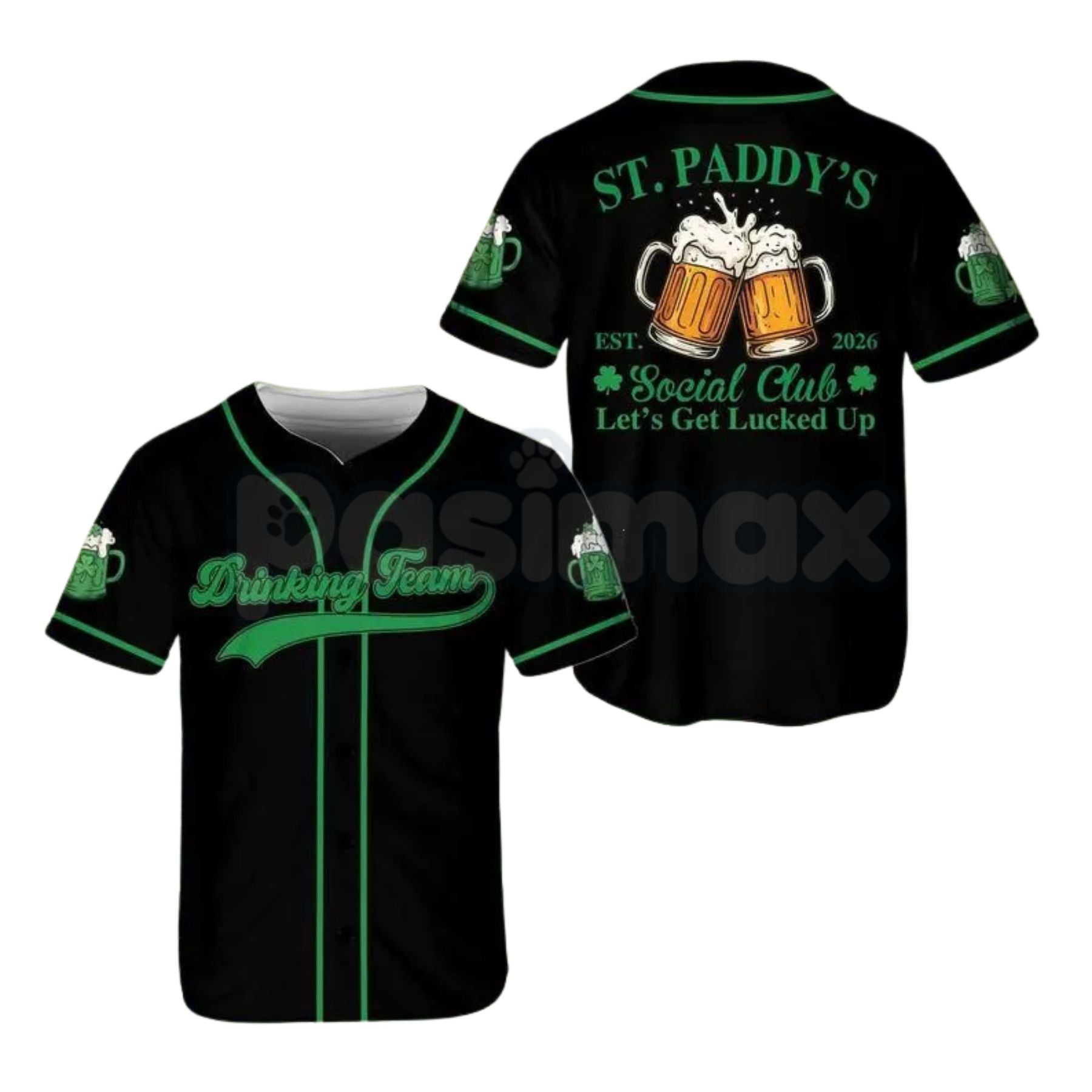 Pasimax St Paddy’s Day Irish Beer Social Club Baseball Jersey – Lucky Shamrock Drinking Team Shirt — detail close-up