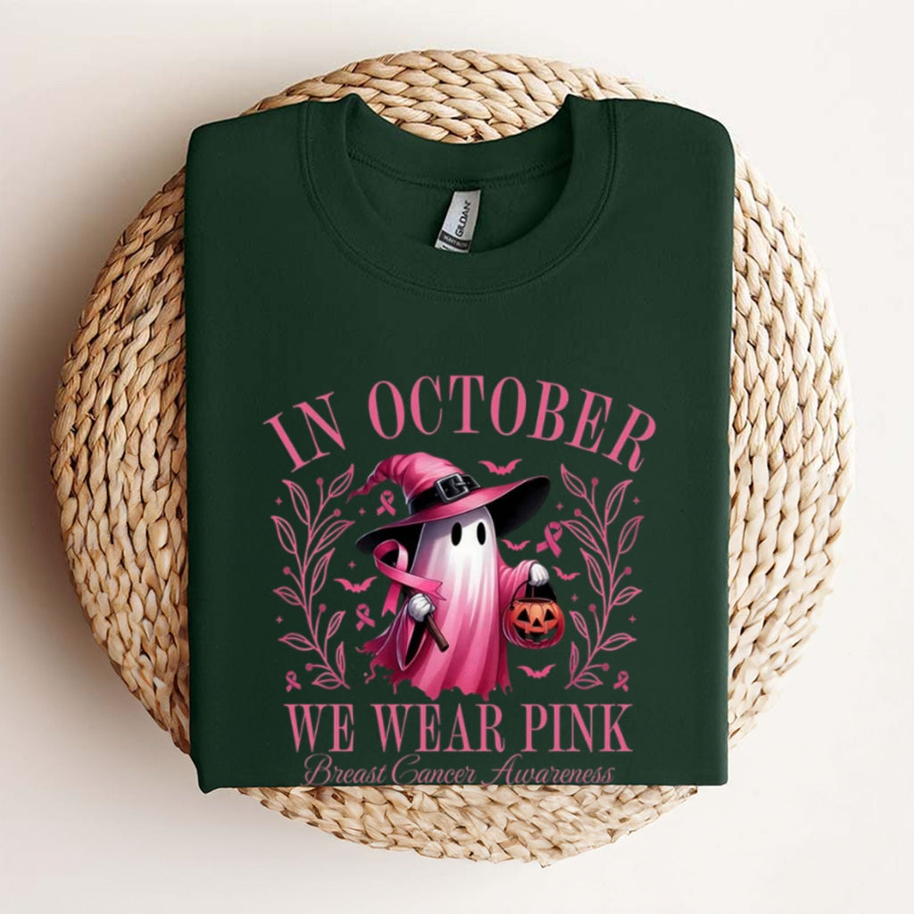 Pasimax In October We Wear Pink Ghost T-Shirt — detail close-up