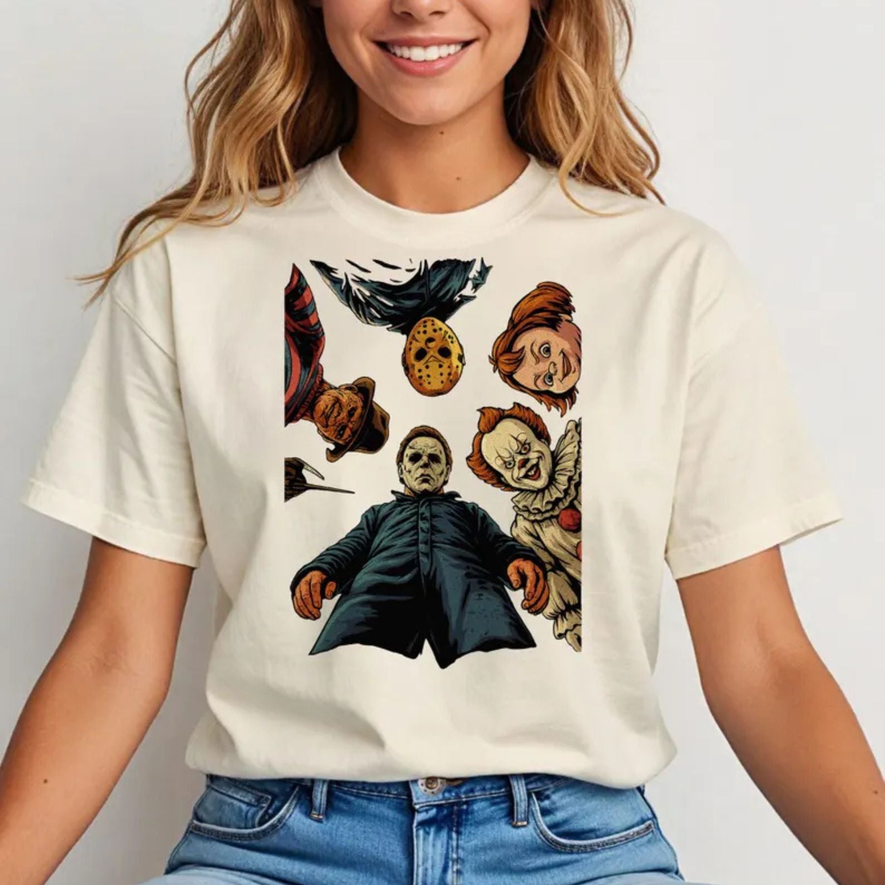 Pasimax Spooky 90s Horror Movie Characters Shirt — detail close-up