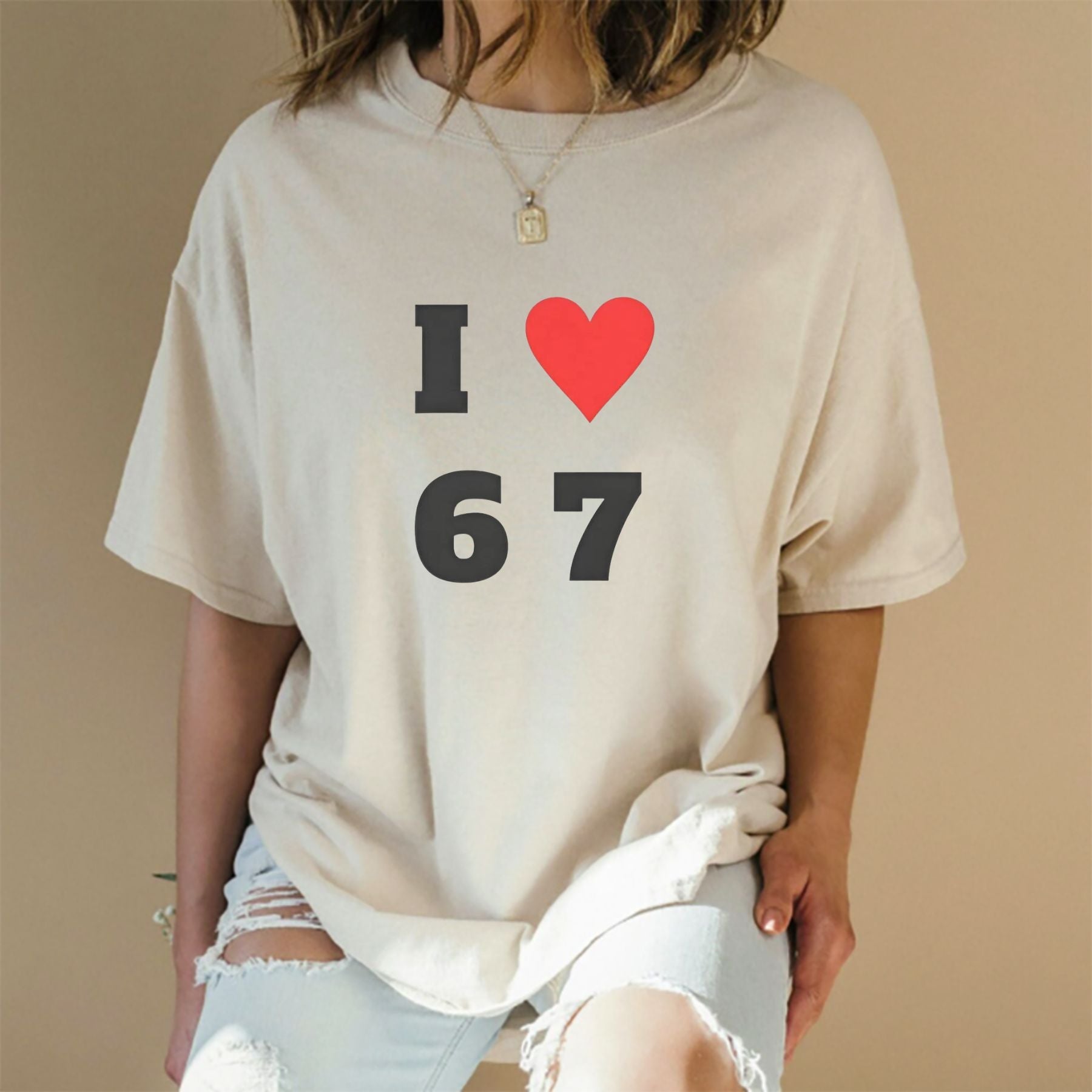 Pasimax "I Love 6 7" Crewneck T-shirt — detail close-up