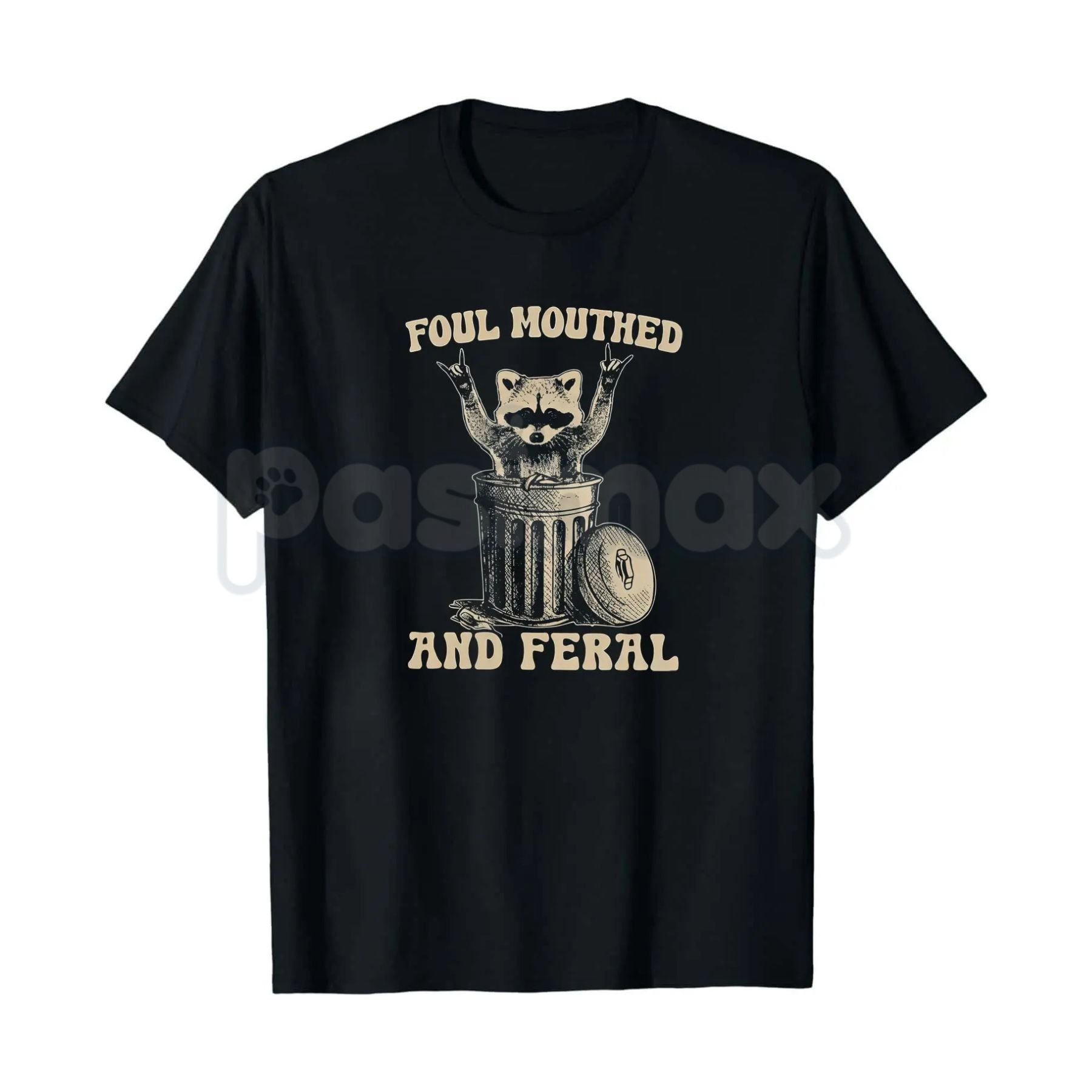 Pasimax Foul Mouthed and Feral Raccoon T-Shirt – Funny Trash Panda Hoodie & Sarcastic Chaos Sweatshirt — detail close-up