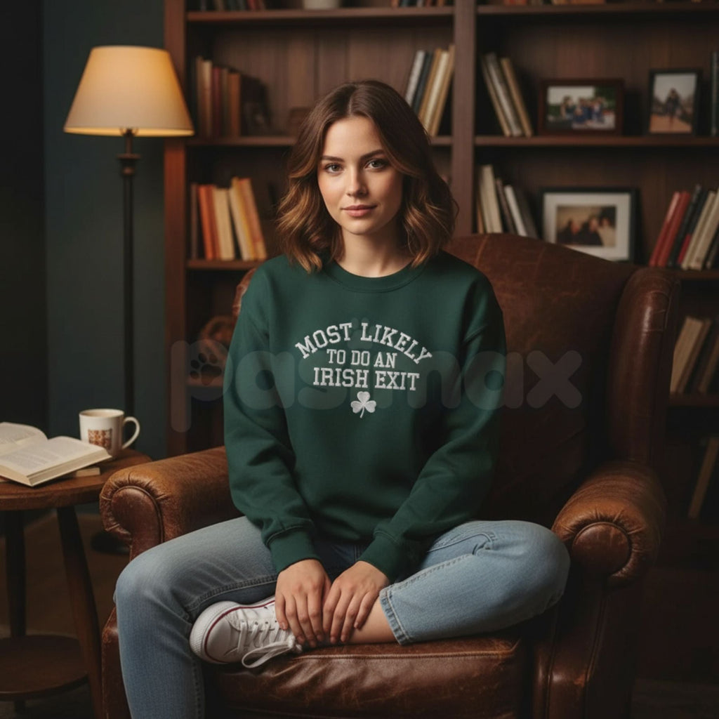 Pasimax "Most Likely To Do An Irish Exit" Embroidered Sweatshirt – Irish Flag Humor Crewneck — detail close-up