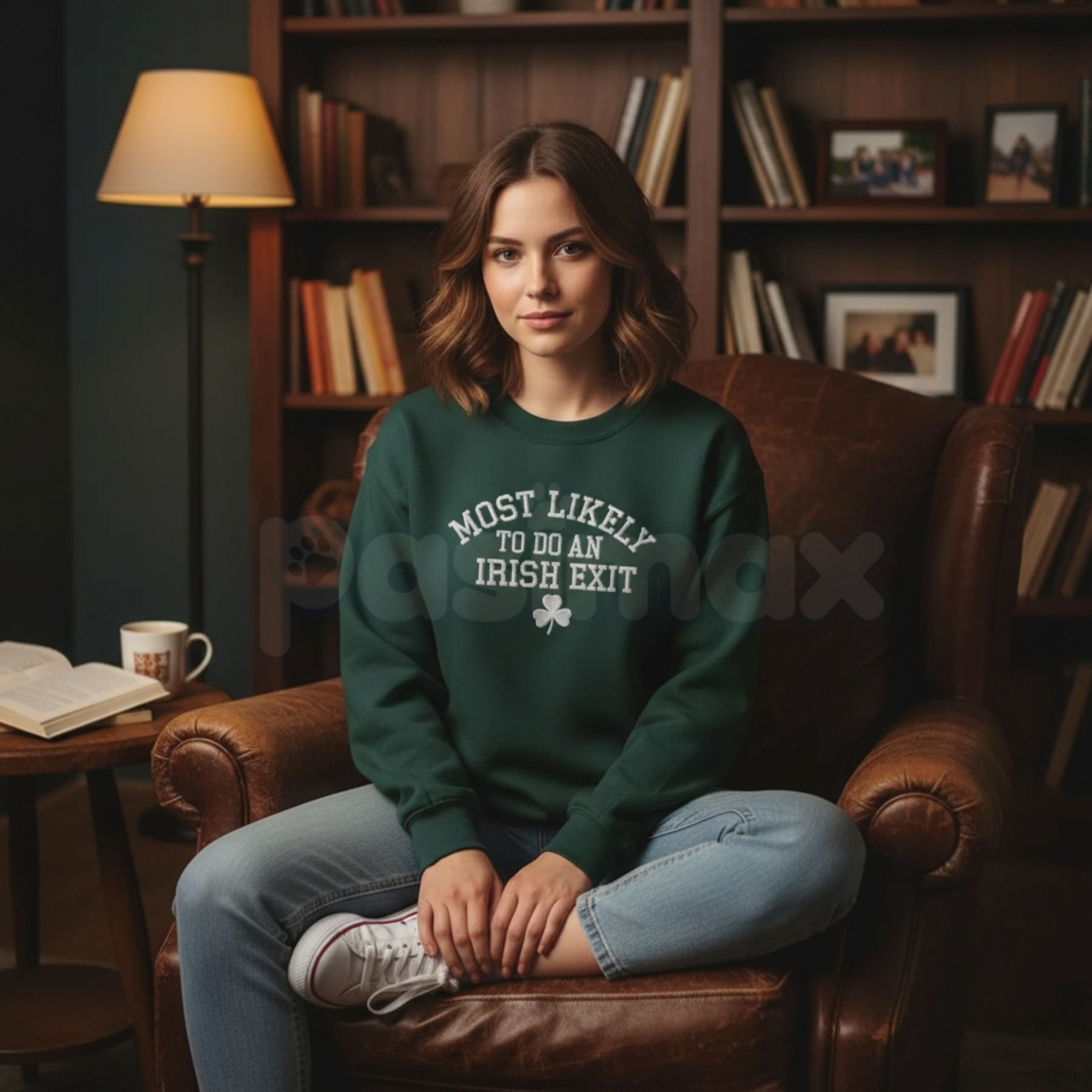 Pasimax "Most Likely To Do An Irish Exit" Embroidered Sweatshirt – Irish Flag Humor Crewneck — detail close-up
