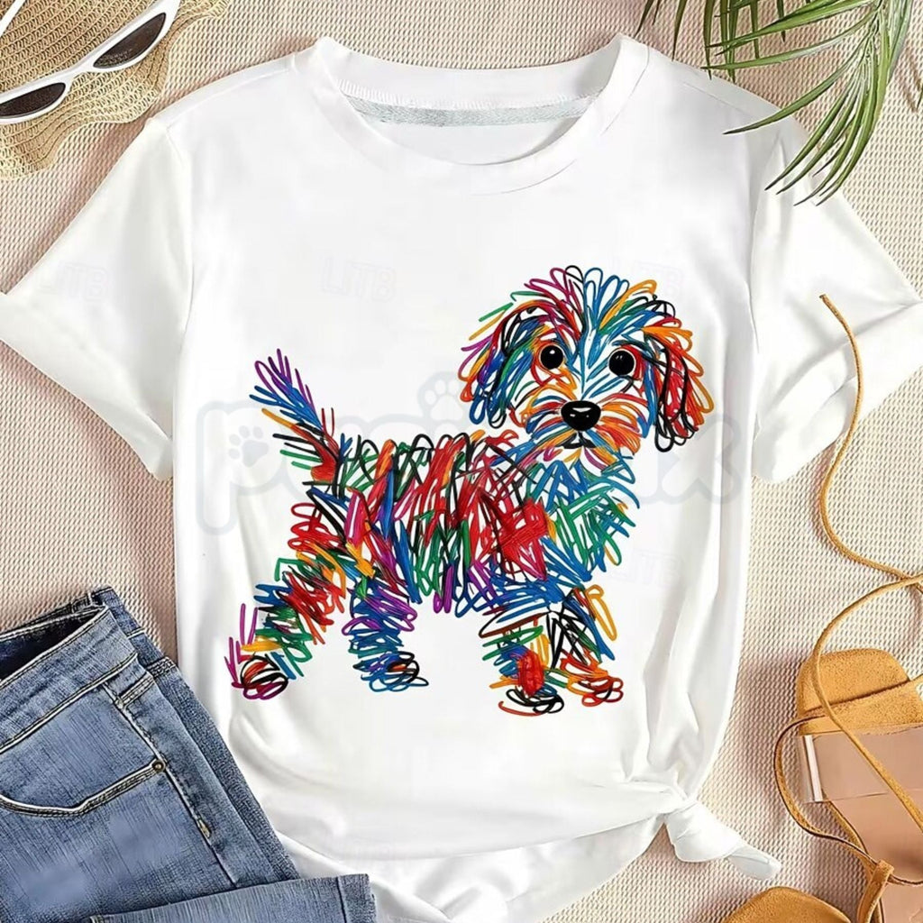 Rainbow Line Puppy Graphic T-Shirt – Artistic Vibrant Animal Print Unisex Crewneck Tee