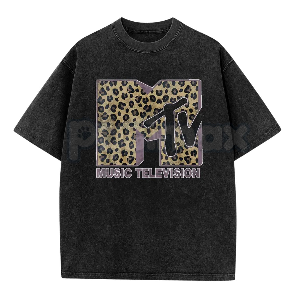 Women’s MTV Classic Leopard Print T-Shirt – Bold Animal Print Logo Graphic Tee, Lightweight Vintage Washed Cotton Top