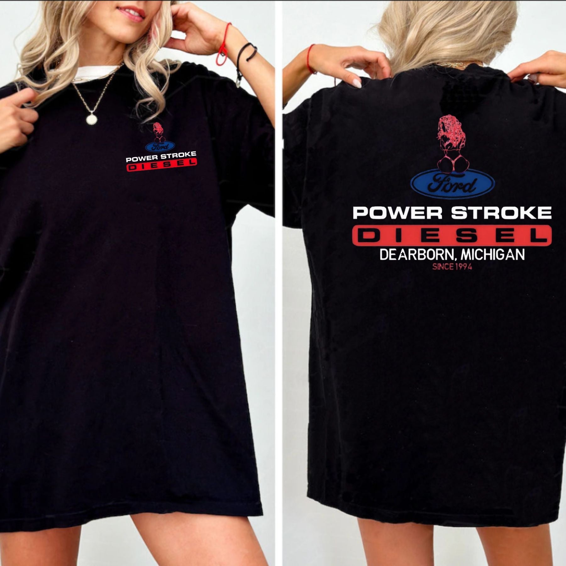 Pasimax Power Stroke Logo T-Shirt with Lady Graphic — detail close-up
