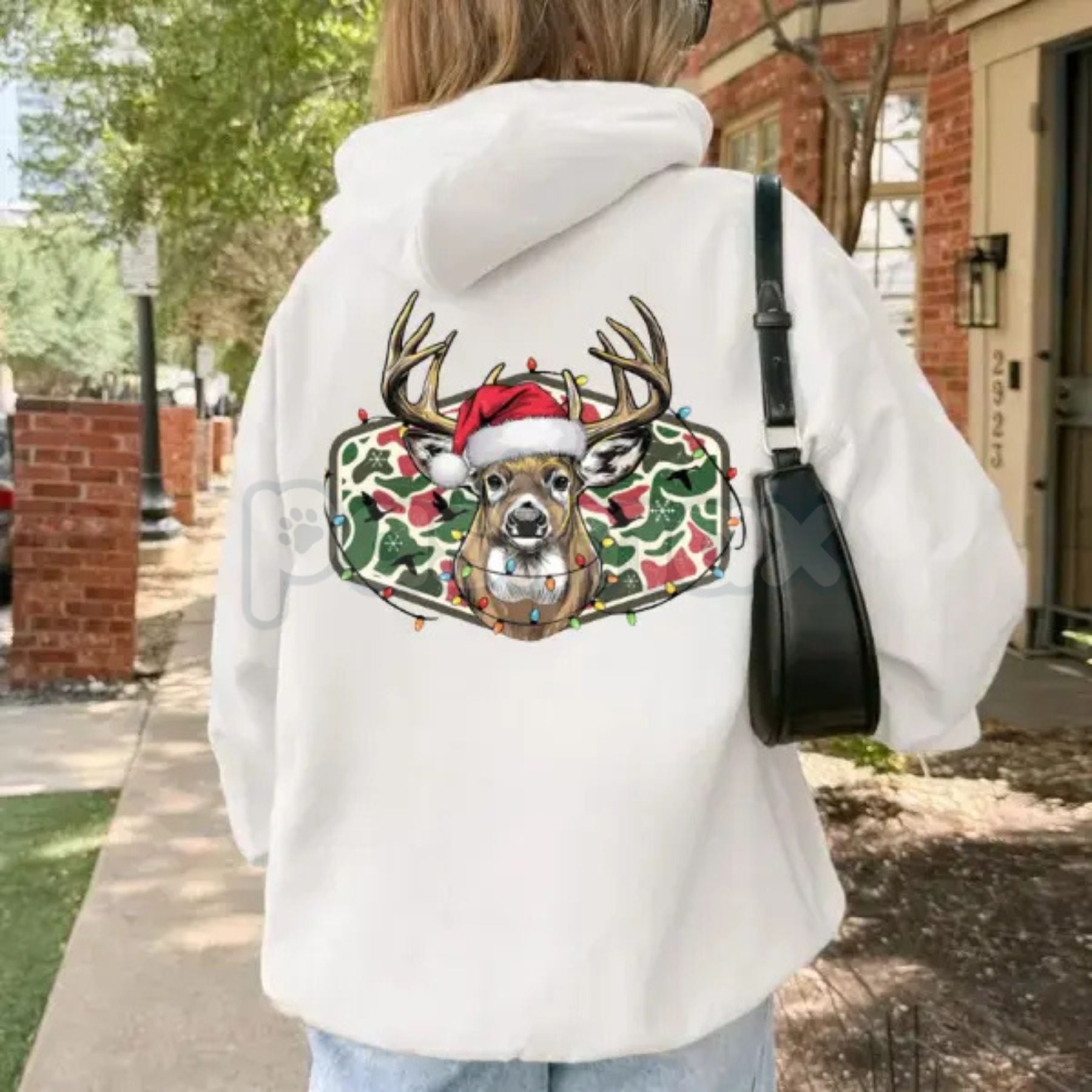 Pasimax Christmas Deer Hunting Camo Hoodie – Festive Hunter Orange Pullover, Camouflage Holiday Apparel, Unisex — detail clos