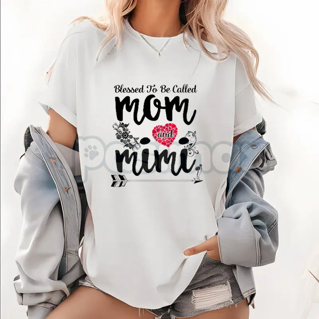 "Called Mom And Mimi's Blessing" Ladies T-Shirt – Casual Pattern Mother's Day Tee, Premium 100% Cotton Grandmother Gift Top, Soft Lived-In Heavyweight Floral Family Shirt, Made in USA