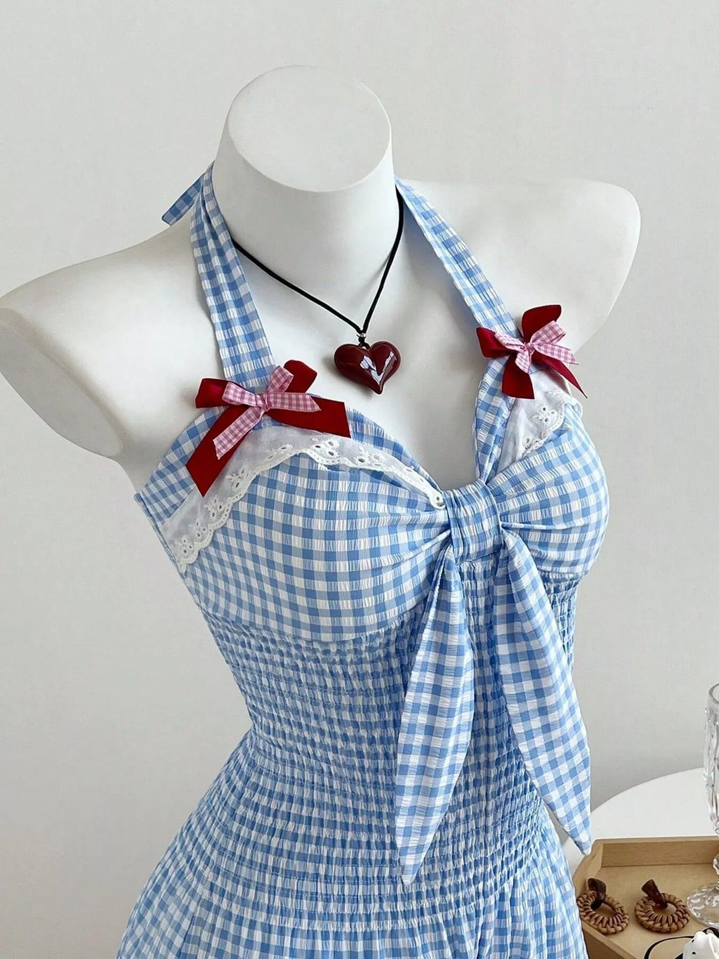 Gingham Bowknot Halter Neck Romper