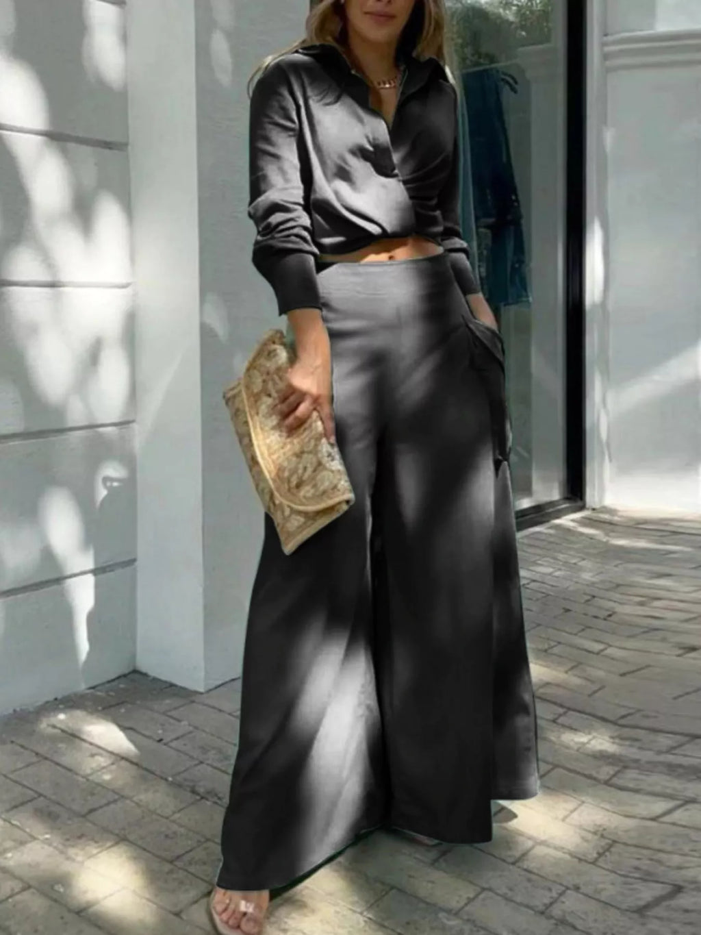 Long Sleeve Shirt and Wide Leg Pants Set