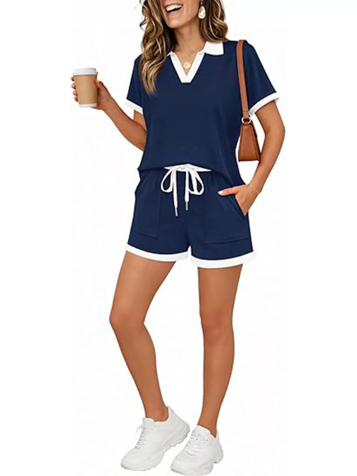 Polo Collar Short Sleeve Top and Shorts Set