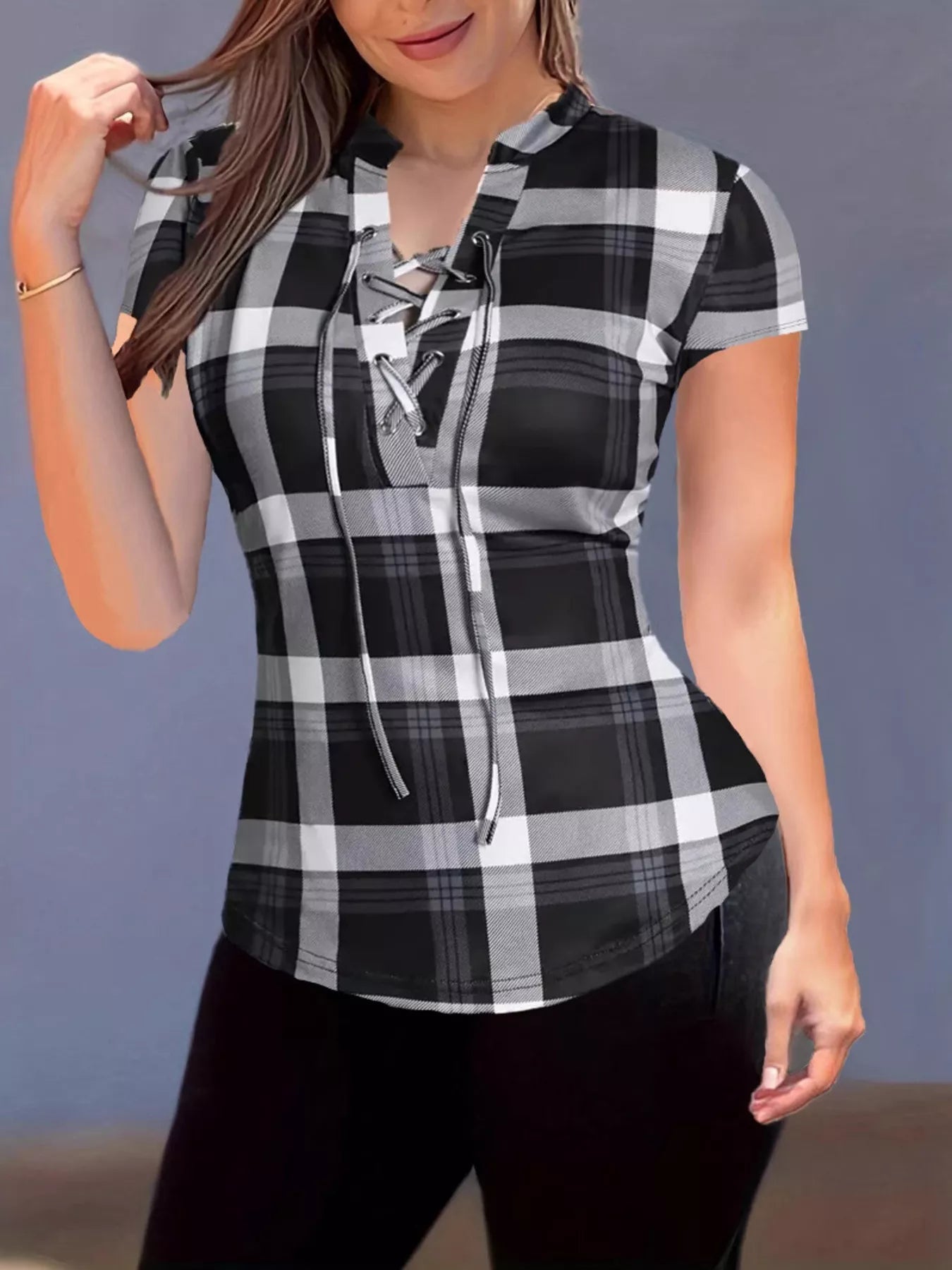 Plaid Lace-Up Short Sleeve Blouse