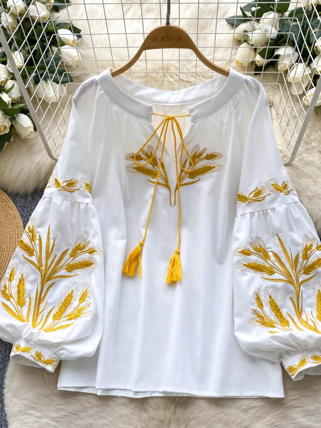 Embroidered Wheat Pattern Tie Neck Blouse