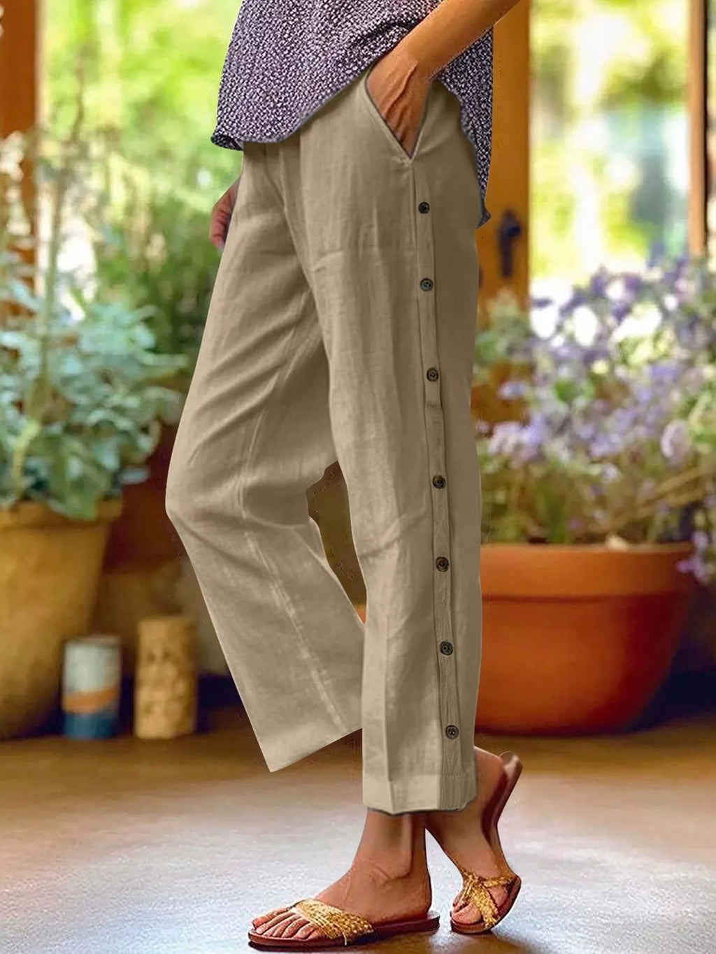Full Size Side Button Decor Pants Plus Size