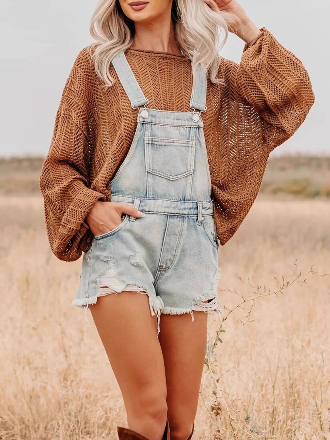 Distressed Denim Overalls Shorts