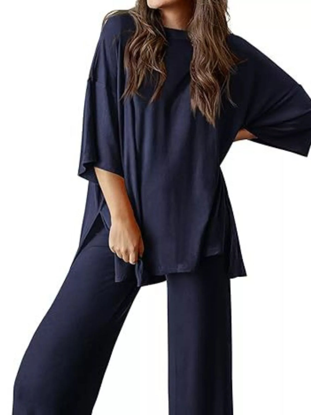 Slit Round Neck Top and Pants Set