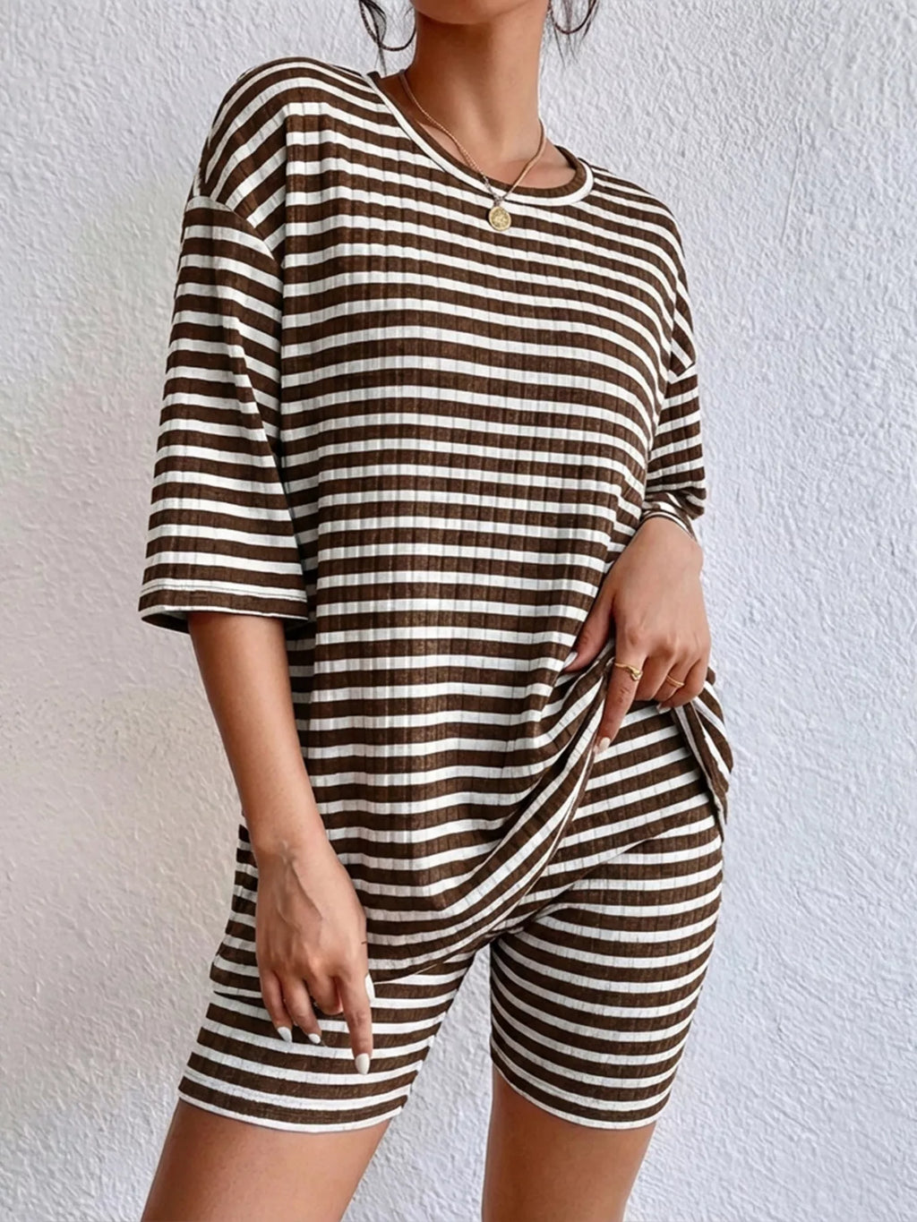 Striped Round Neck Top and Shorts Set