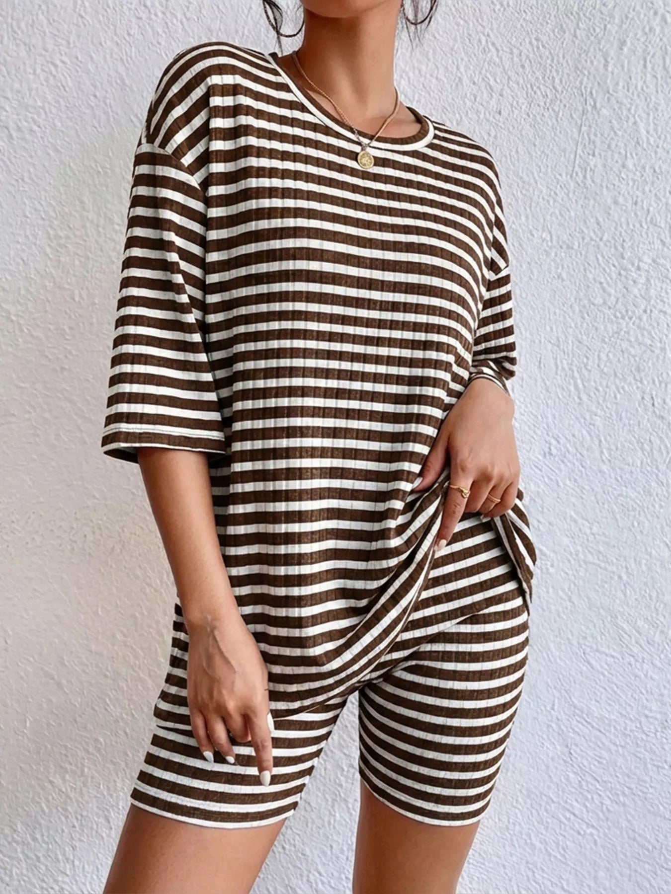 Striped Round Neck Top and Shorts Set