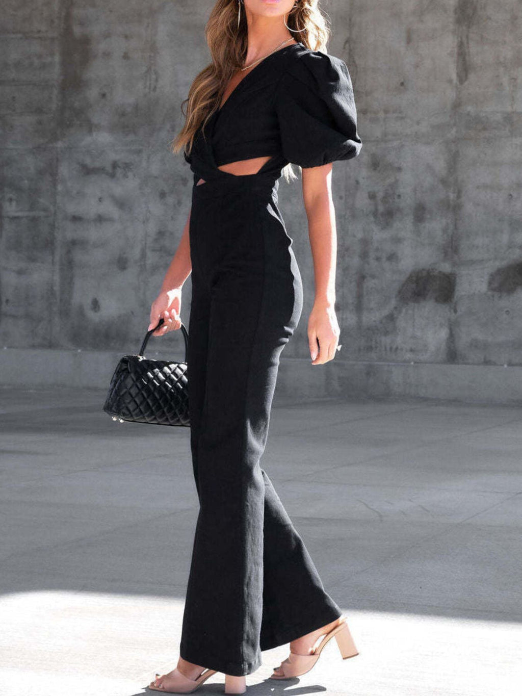 Cutout Puff Sleeve Denim Jumpsuit