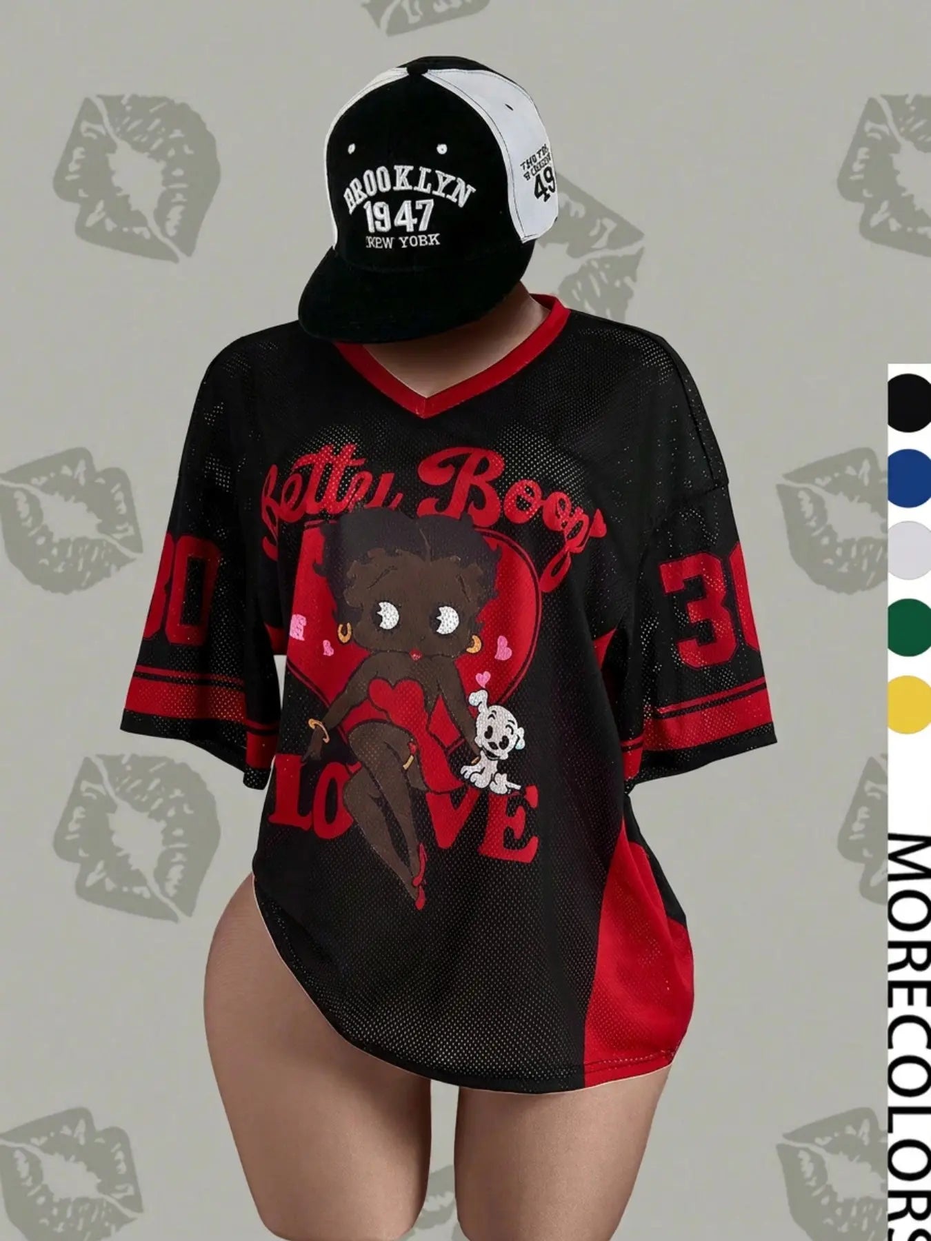 Streetwear Y2K Mesh Top – Vintage Doll Print V-Neck Shirt, Breathable Retro Aesthetic for Women