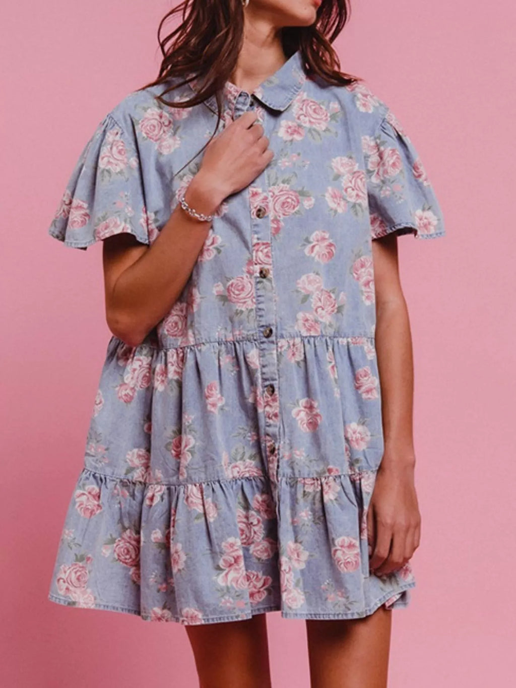 Floral Print Denim Button-Down Tiered Mini Dress