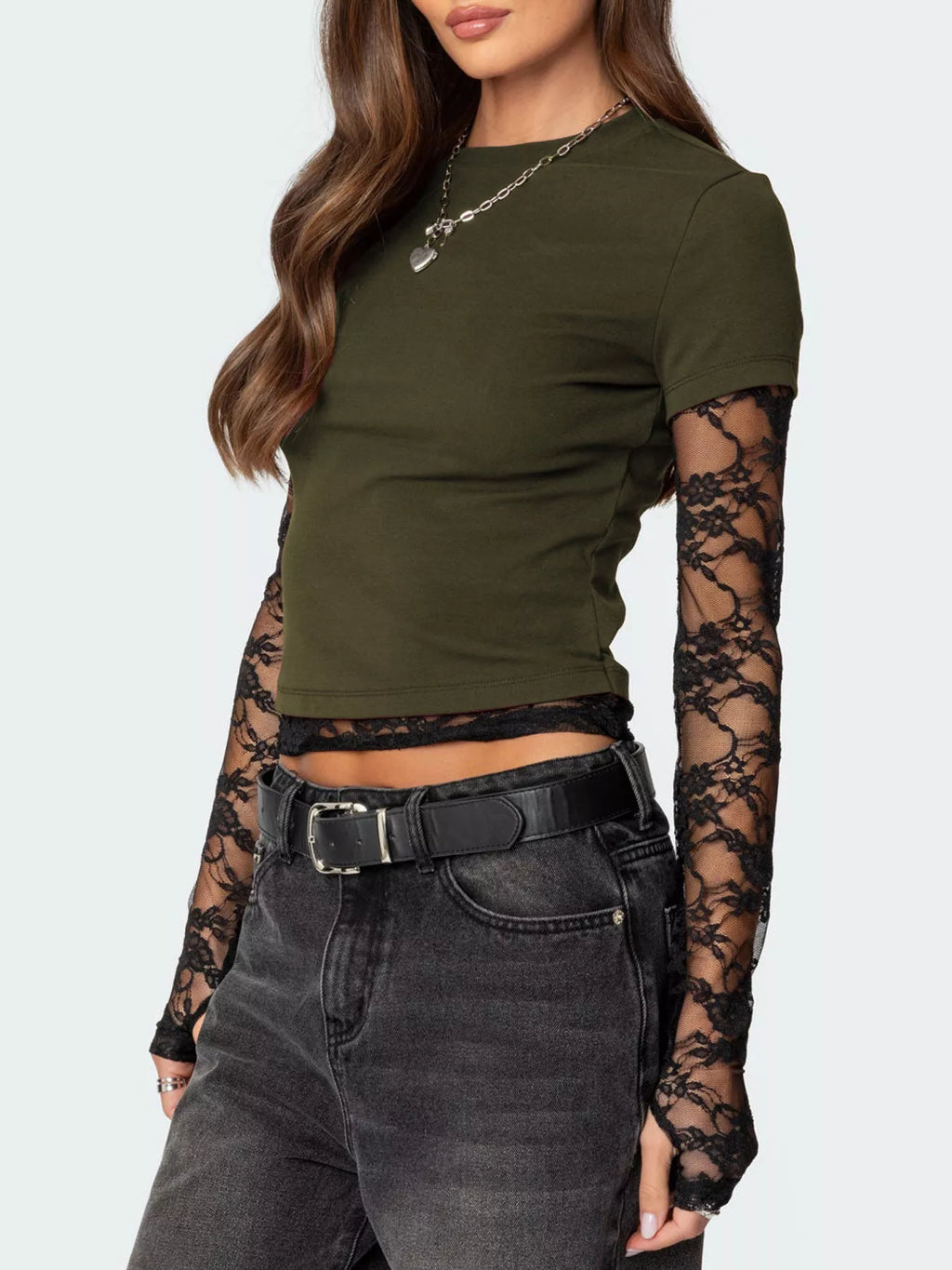 Cropped T-Shirt with Sheer Lace Sleeves