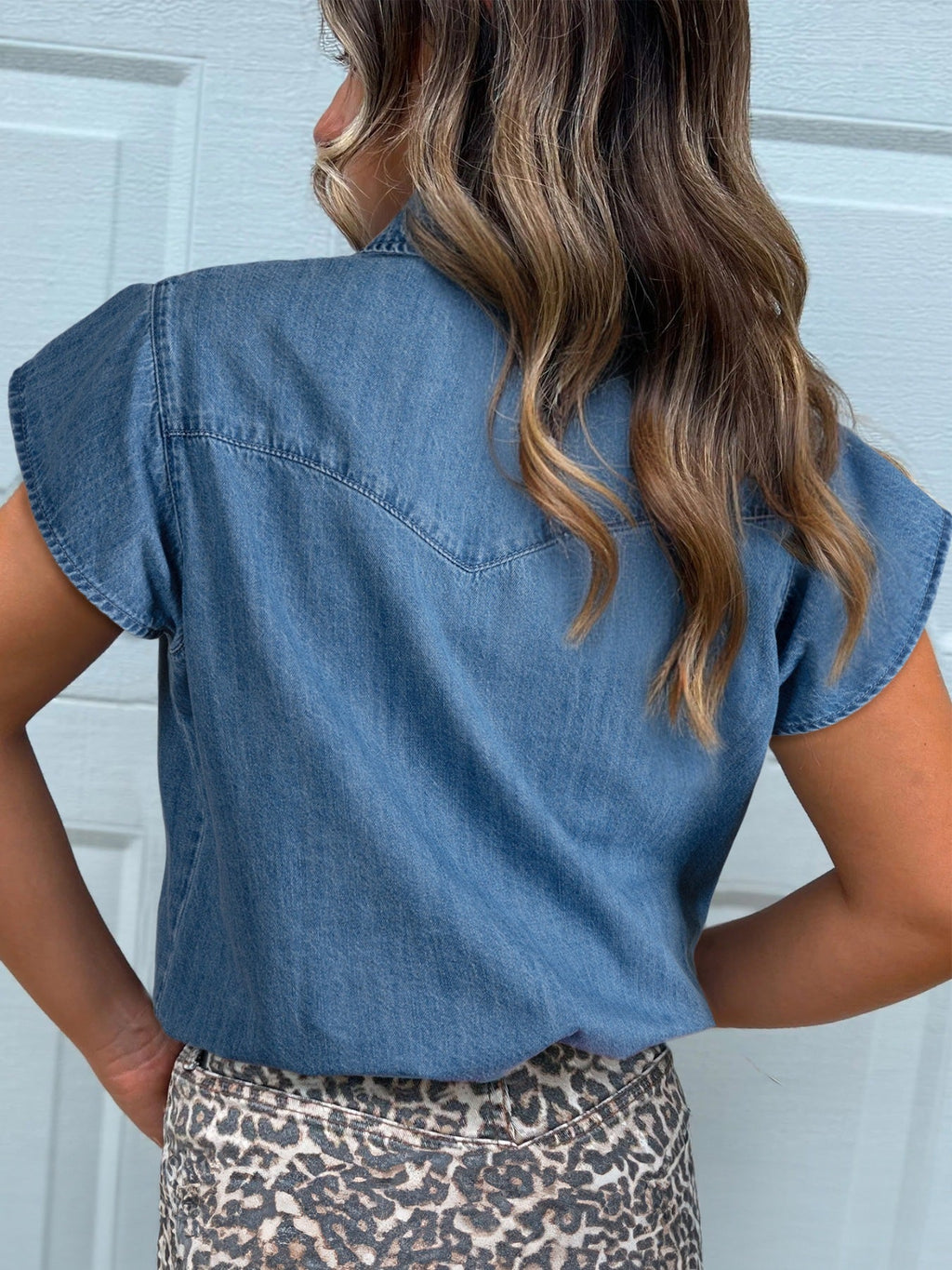Ruffled Short Sleeve Denim Shirt