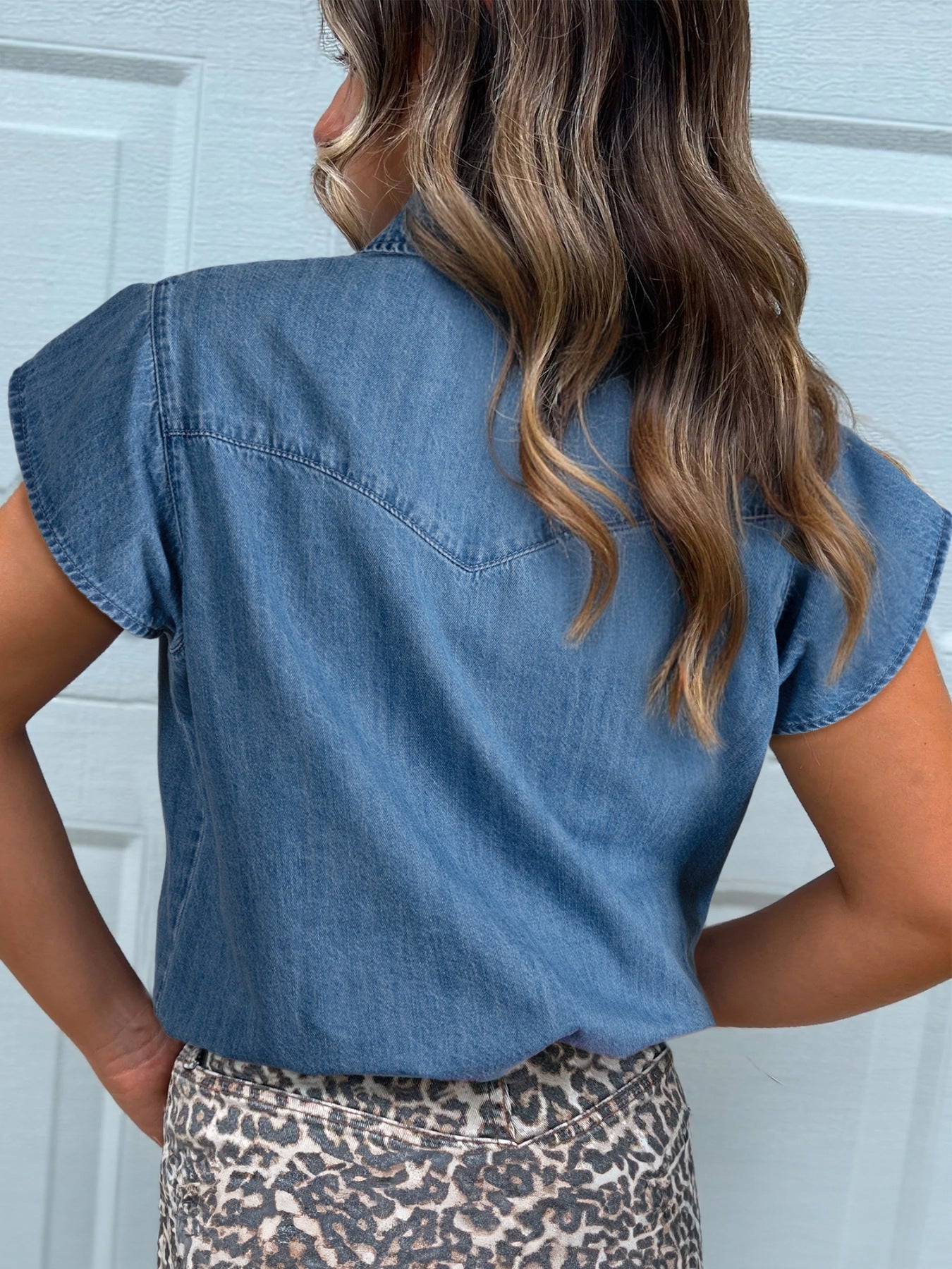 Ruffled Short Sleeve Denim Shirt