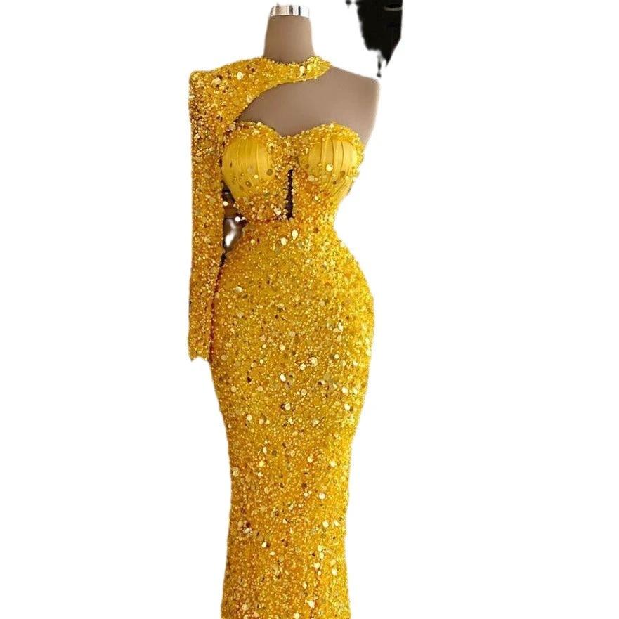 Sequined Pear Dress Embroidery Lace Asymmetric Single Sleeve Dress