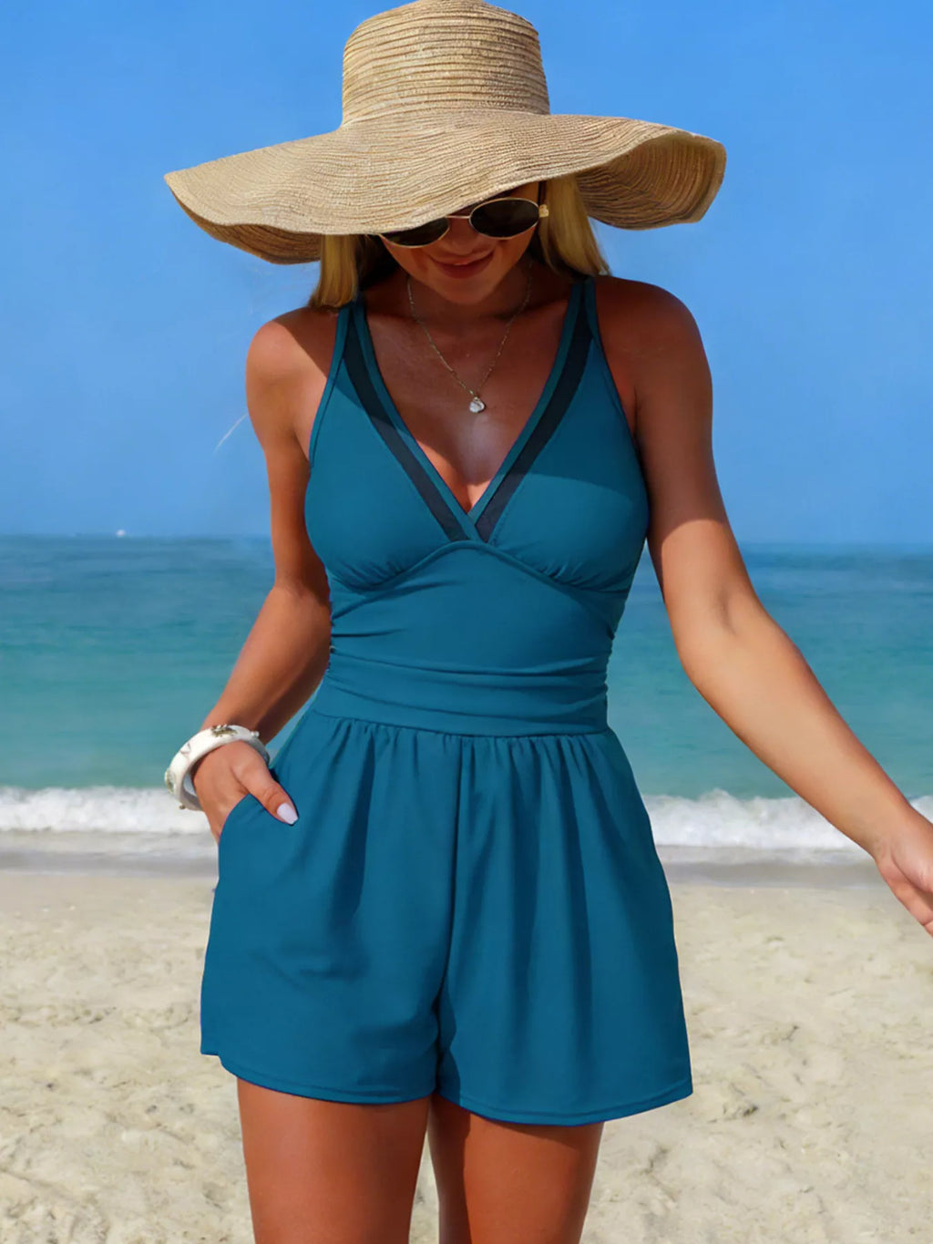 V-Neck One-Piece Swimsuit with Pockets