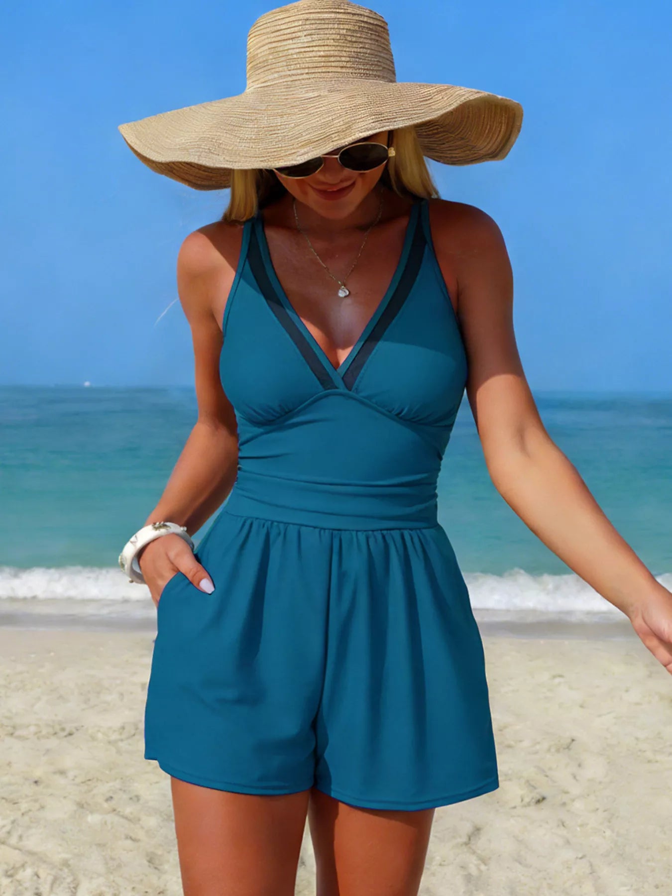 V-Neck One-Piece Swimsuit with Pockets