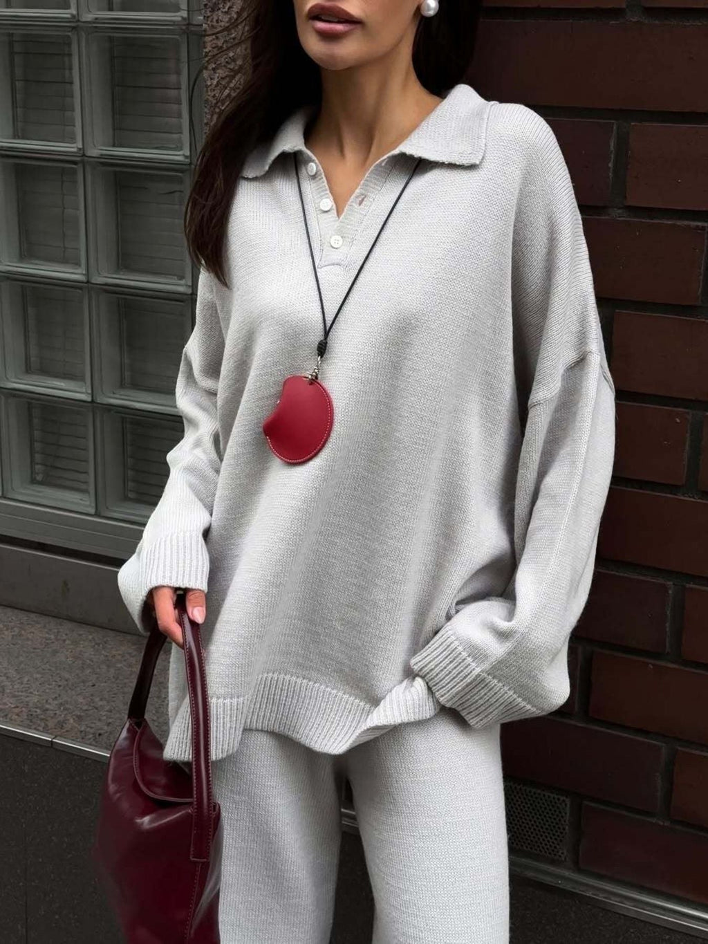 Polo Collar Top and Wide Leg Pants Knit Set