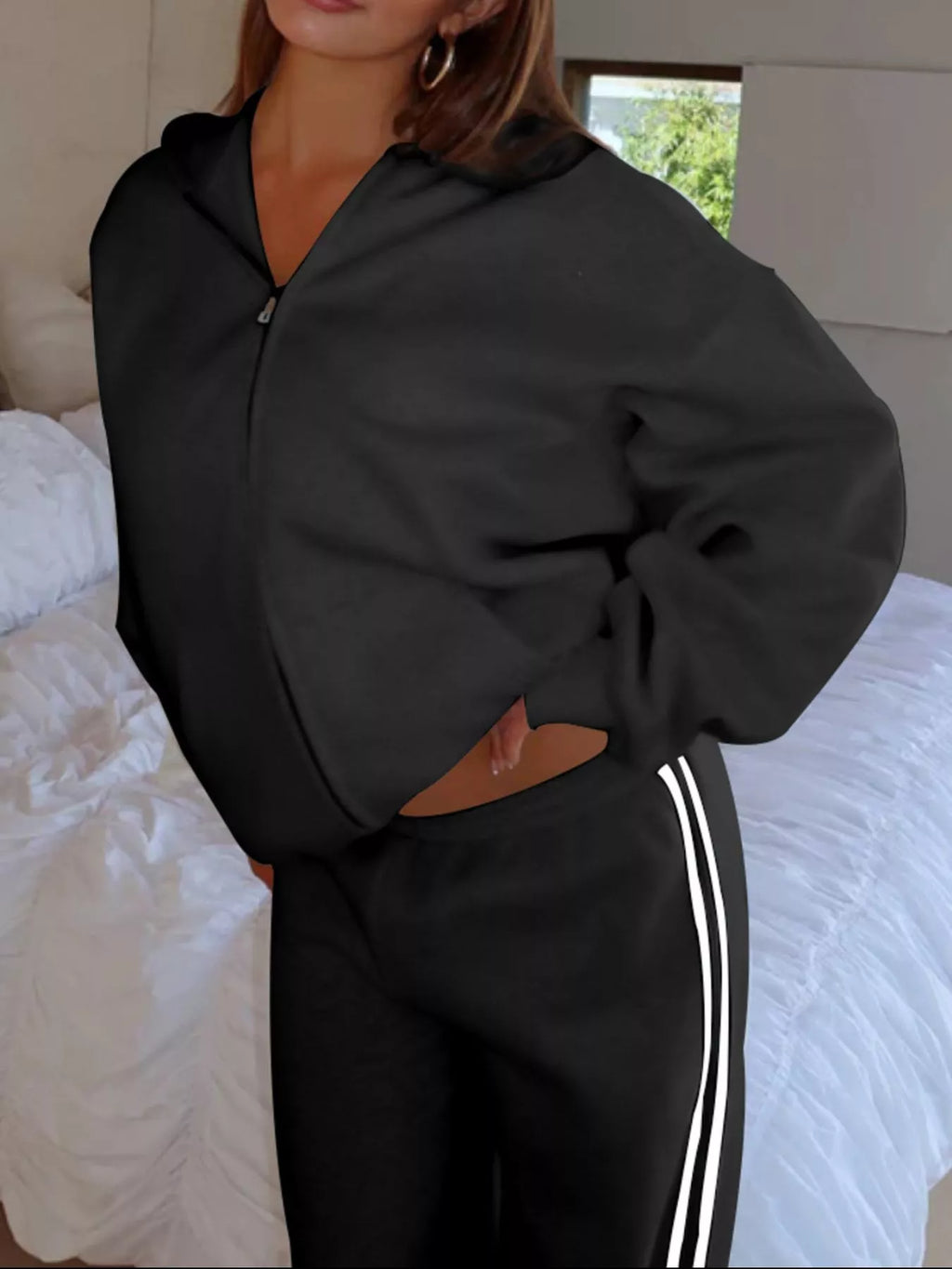 Zip Up Hoodie and Striped Pants Set
