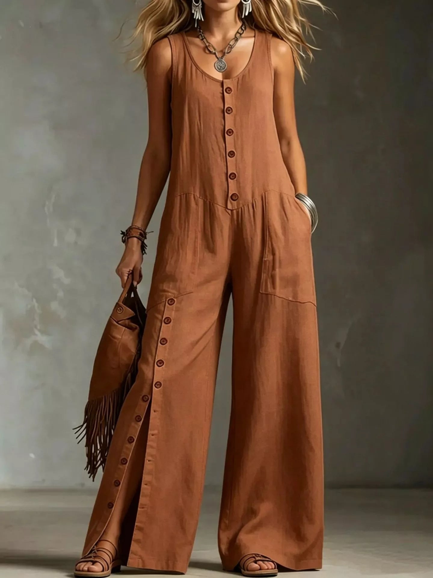 Full Size Sleeveless Button Front Wide Leg Jumpsuit Plus Size