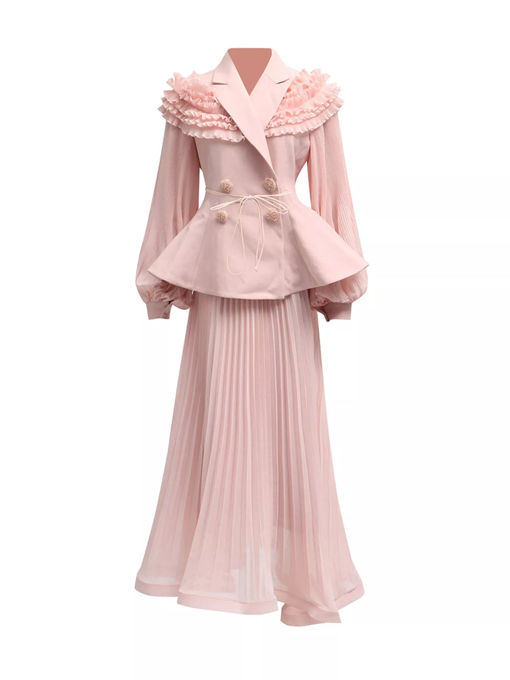 Frill Lapel Collar Top and Pleated Skirt Set