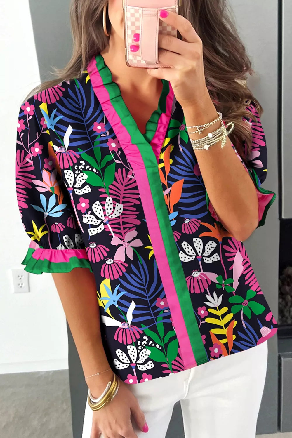 Floral Print Frilled Contrast Striped Trim V Neck Short Sleeve Blouse