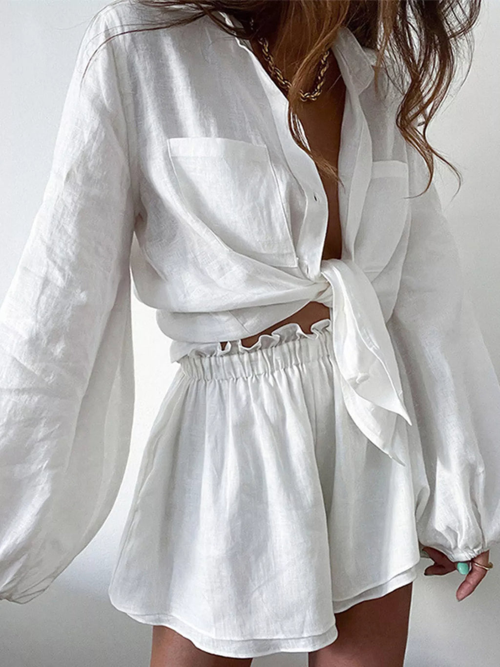 Button Up Long Sleeve Shirt and Shorts Set