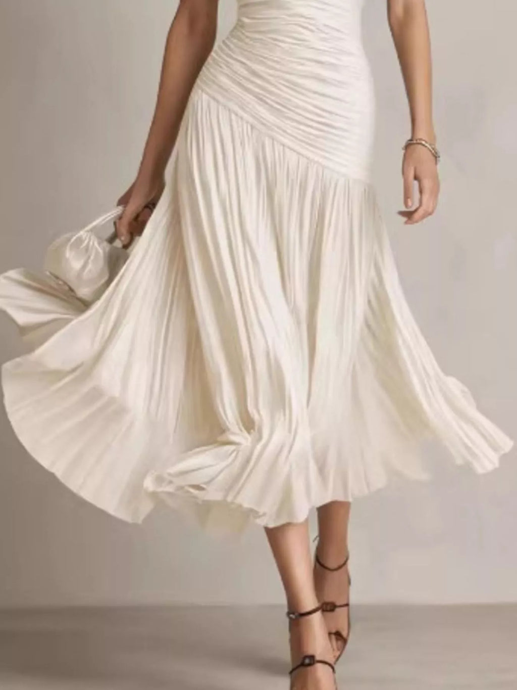 Ruched Pleated Short Sleeve Midi Dress