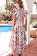 Floral Print V Neck Contrast Trim Flutter Sleeve Long Dress