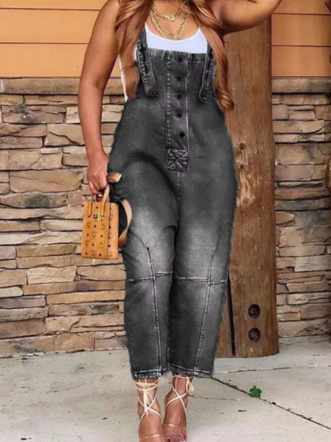 Full Size Button Front Denim Overalls with Pockets Plus Size