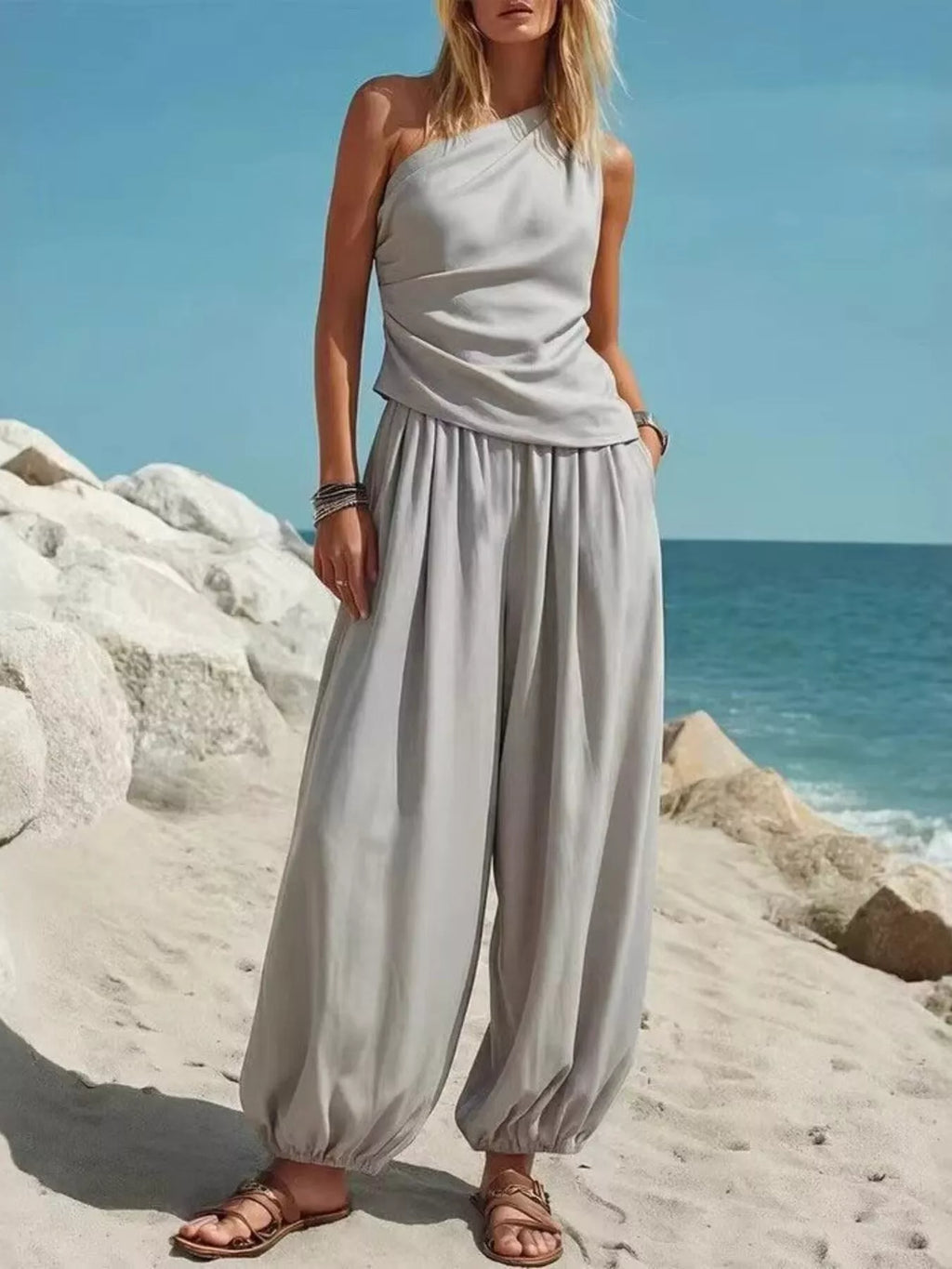 Full Size One-Shoulder Top and Wide Leg Pants Set Plus Size