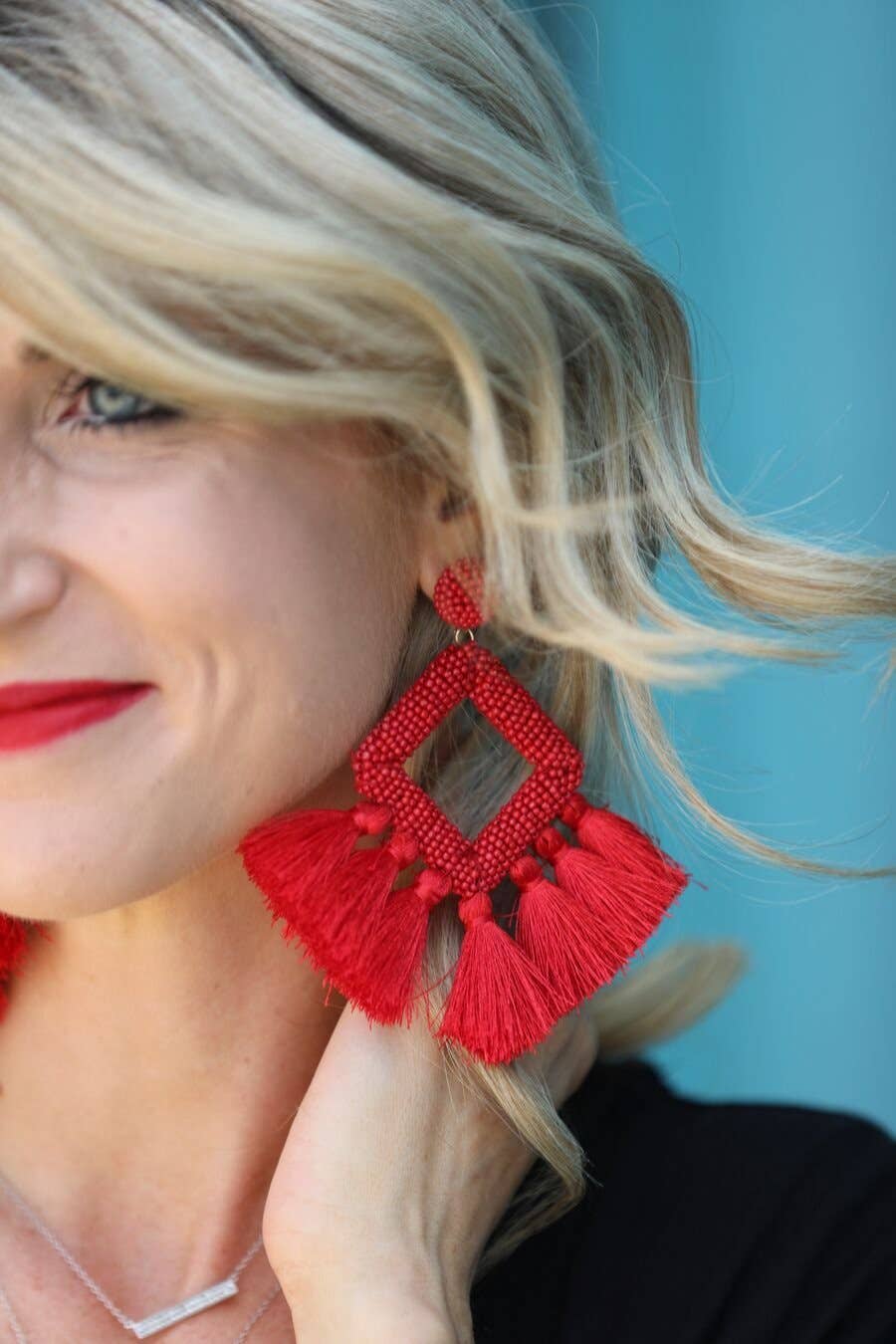 Pretty Little Patriot Pretty Little Patriot Hot Pink Ellie Fringe Drop Earrings — color detail