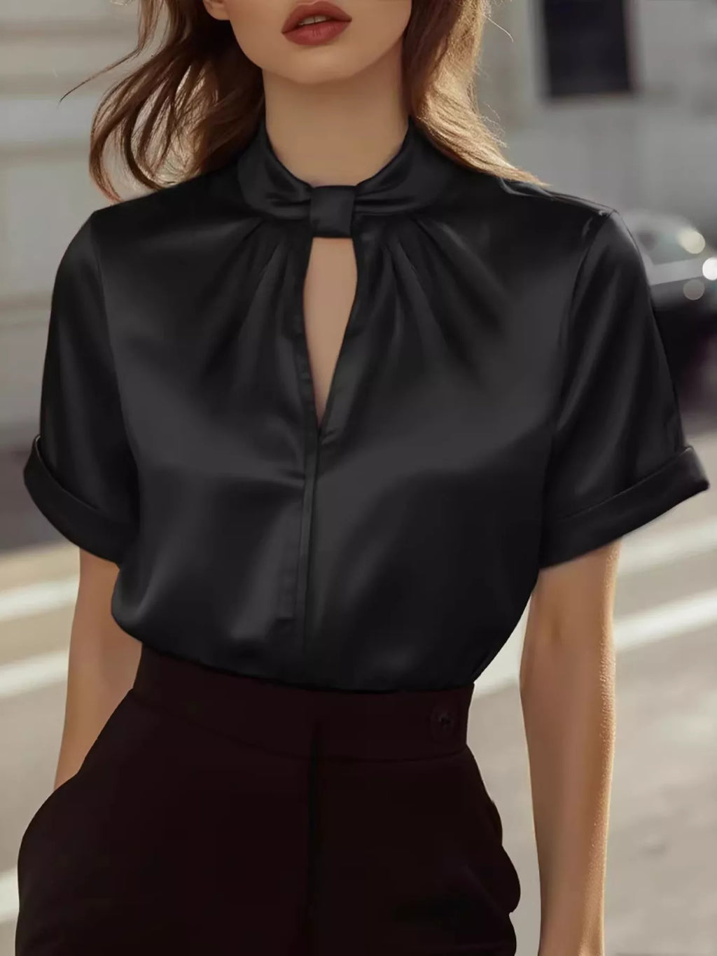 Satin Keyhole Short Sleeve Blouse