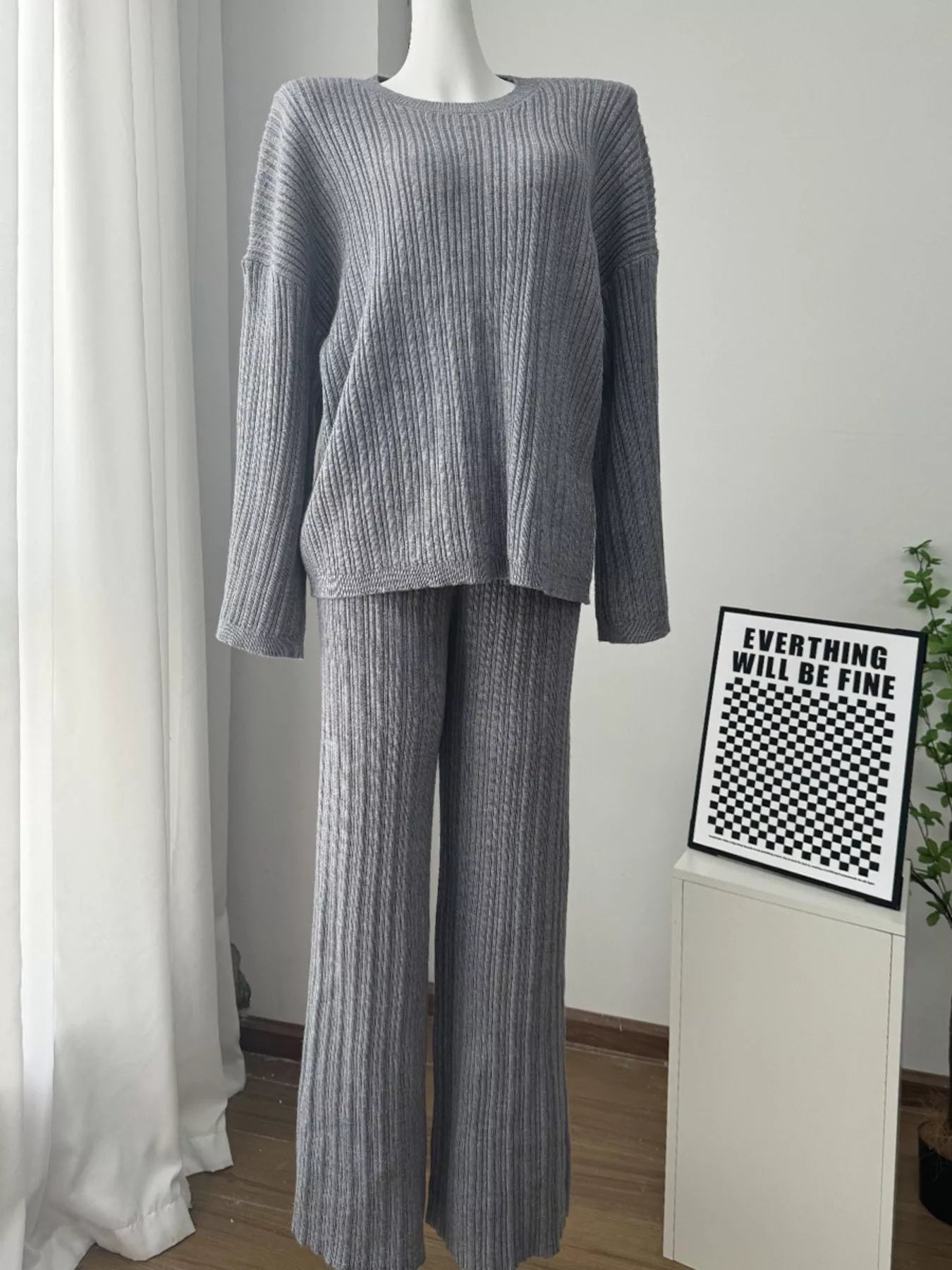 3-Piece Crew Neck Ribbed Sweater and Wide-Leg Pants Set with Scarf